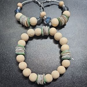 Natural Wood Bead Bracelet with Green Accent Discs - Women Jewelry